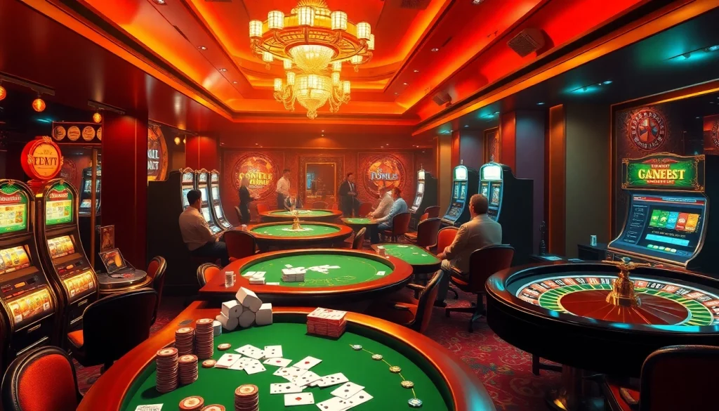 Exciting gambling action at https://vaobet.cn.com/ with vibrant poker tables and spinning roulette wheels.