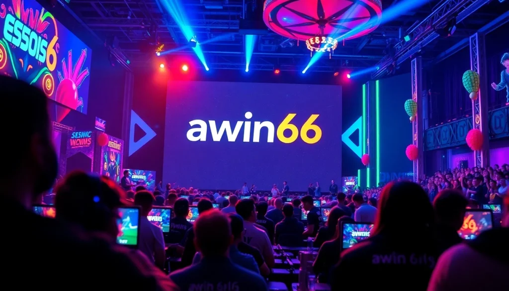 Awin66 logo featured prominently in a vibrant esports tournament setting, creating an energetic atmosphere.