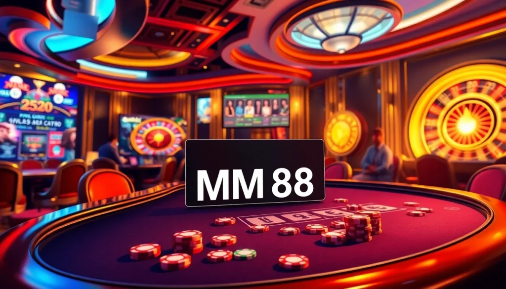 MM88 invites players to thrilling poker games in a luxurious casino setting with vibrant chips and spinning roulette wheel.
