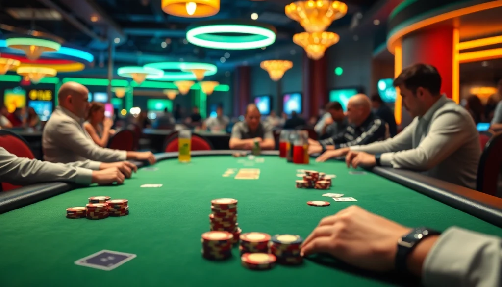 Engaged players competing in an exciting online poker game, showcasing lively atmosphere and professional setup.