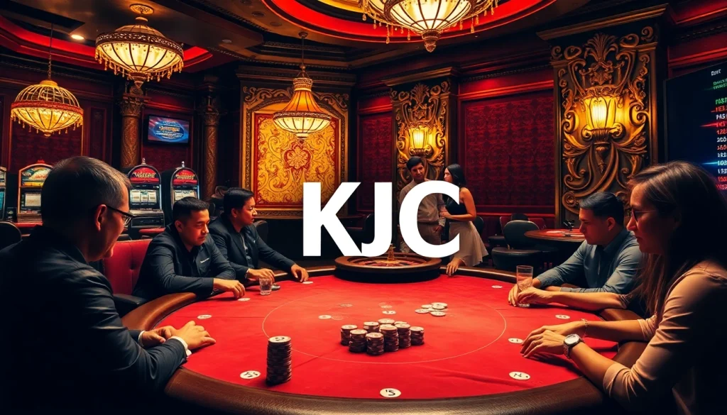 KJC poker players enjoy an intense game at a bustling casino table with vibrant atmosphere and decor.