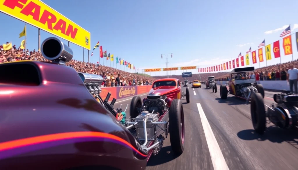 Drag Racing cars competing in a thrilling race surrounded by eager fans at a vibrant track.