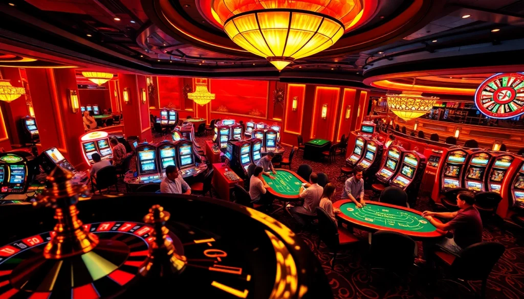 Experience the thrill of gambling at https://vaobet.co.bz/ with players at a busy blackjack table and spinning roulette wheel.