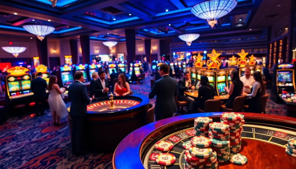 Players celebrate a win at a vibrant casino, showcasing e28-themed poker chips amidst the excitement.