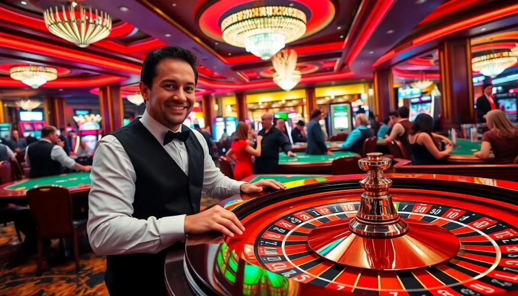 Experience thrilling gameplay at https://789ff.biz/, where players engage at a lively roulette table amid vibrant neon lights.