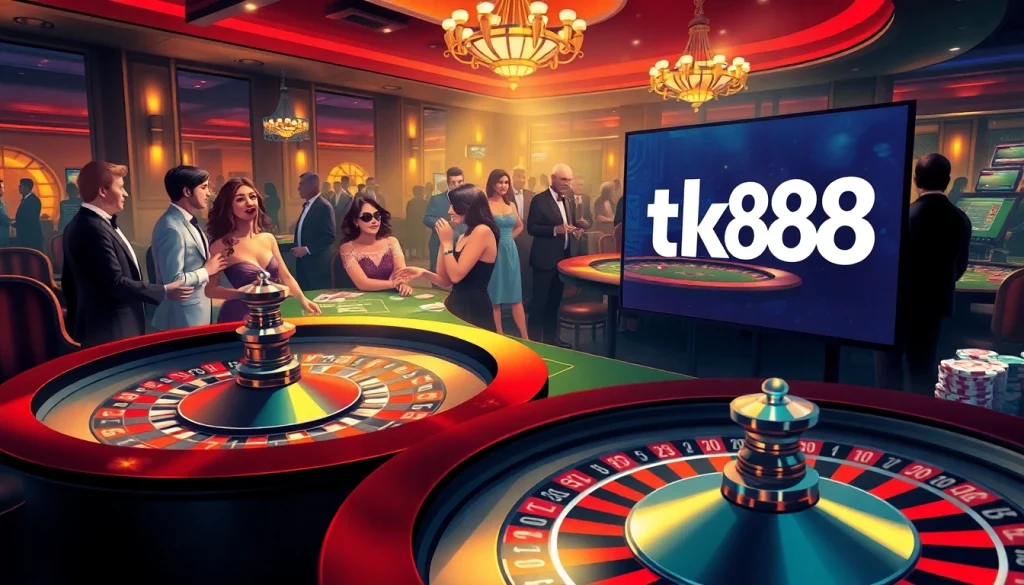 Exciting scene of players at a casino with tk88 logo visible, engaging in blackjack and roulette games.