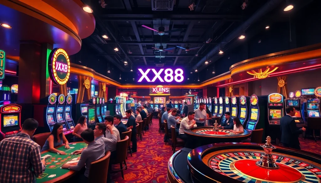 XX88 casino scene depicting players joyfully celebrating around poker and roulette tables, filled with vibrant lights and action.