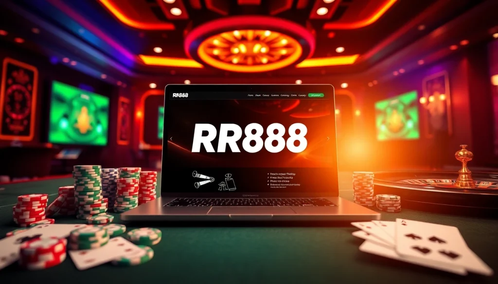 RR88 Đăng nhập on a sleek online gambling platform surrounded by poker chips and cards.