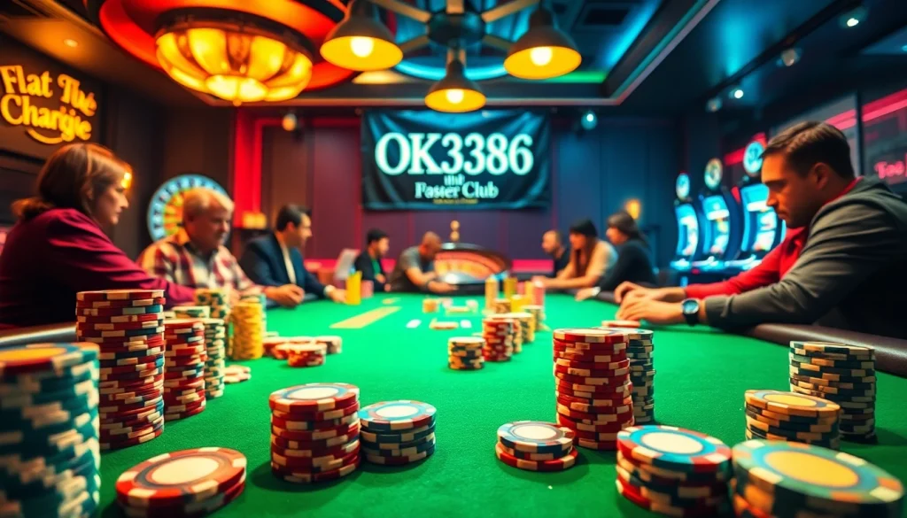 Experience the thrill of OK8386 at a high-stakes poker table filled with vibrant chips and intense players.