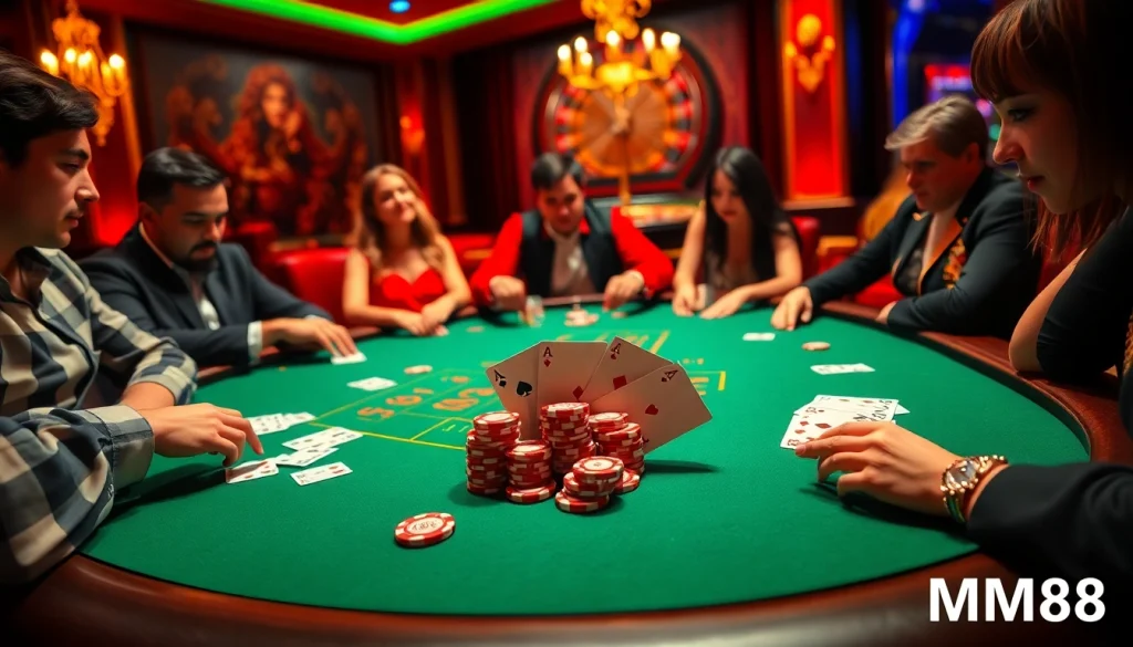 Players enjoying a thrilling game at MM88 casino with vibrant poker table and roulette.
