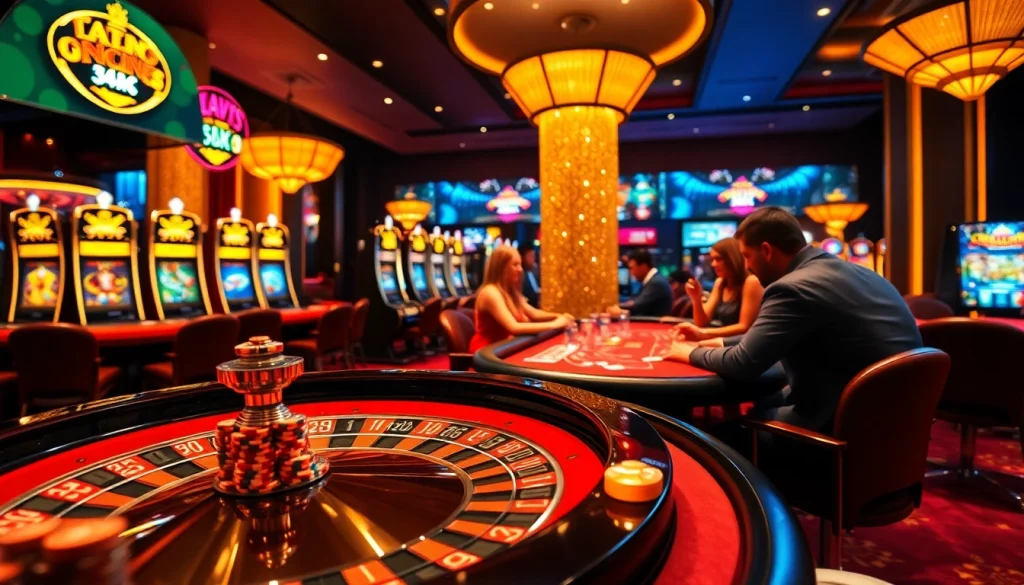RR88 players enjoying a thrilling casino environment at a roulette table with vibrant slot machines.