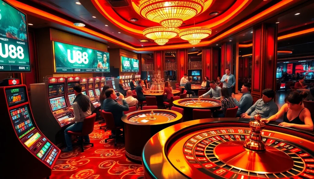 U88 features vibrant online casino gaming with slot machines and engaging players at poker tables.