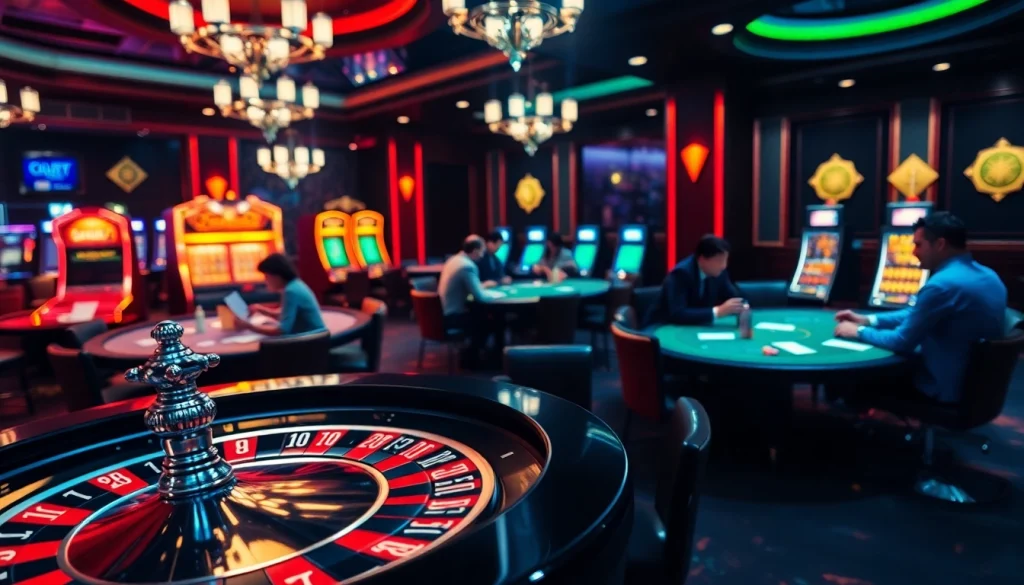 Tỷ lệ kèo nhà cái 5 featured in an exciting casino scene with poker and roulette tables, capturing the thrill of gambling.
