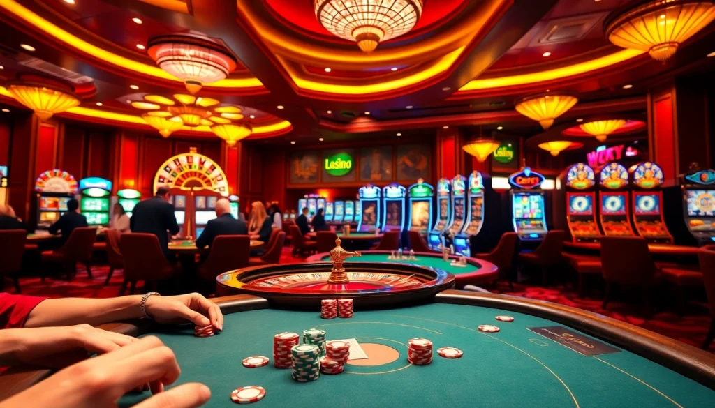 Players enjoying a thrilling poker game in a glamorous casino, a representation of Nhà Cái Uy Tín's quality gambling experience.