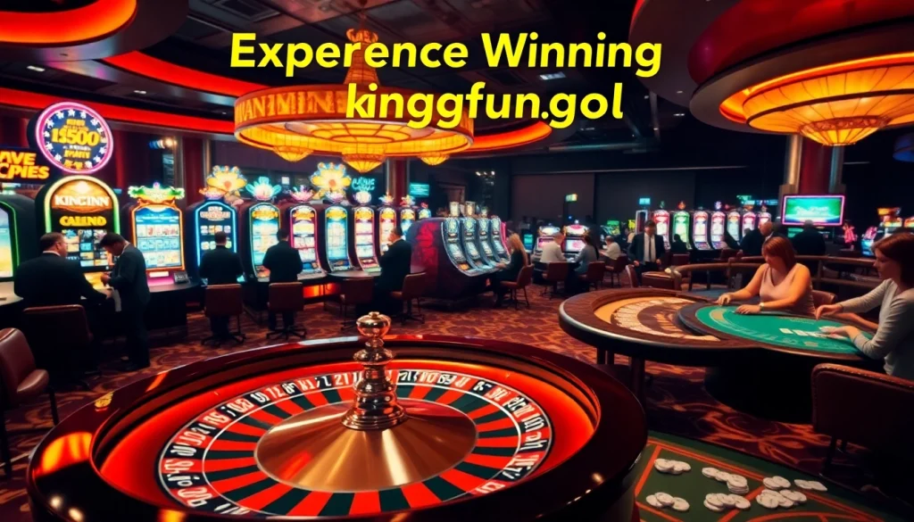 Players enjoying a thrilling casino night at kingfun.gold amidst colorful slot machines and poker tables.